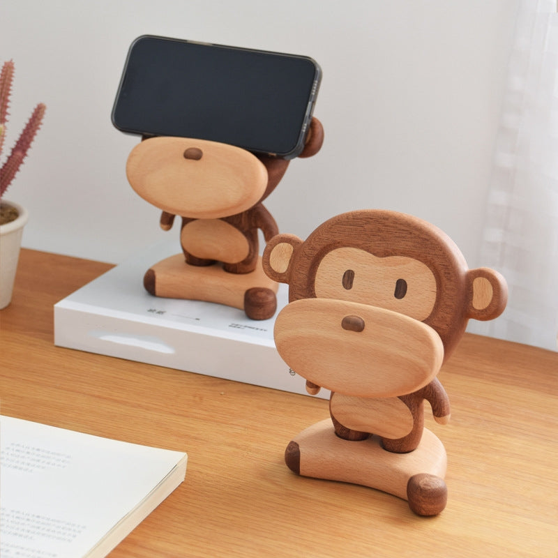 Solid Wood Monkey Phone Holder — Cute Cell Phone Stand & Table Ornament