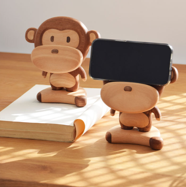 Solid Wood Monkey Phone Holder — Cute Cell Phone Stand & Table Ornament