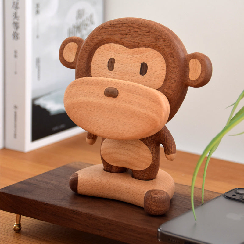 Solid Wood Monkey Phone Holder — Cute Cell Phone Stand & Table Ornament