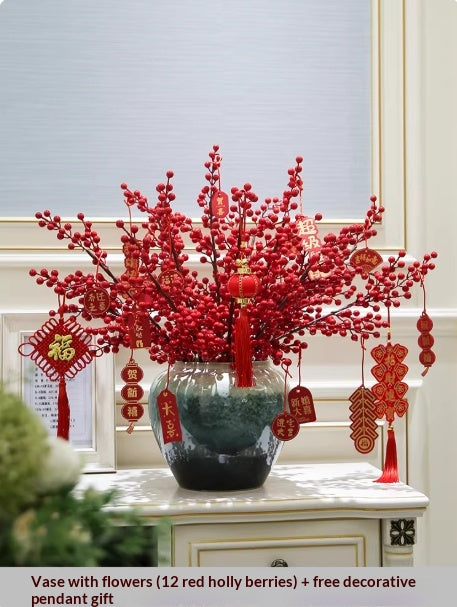Holly Vase Ornament with Artificial Flowers — Ready-to-Display Floral Decor
